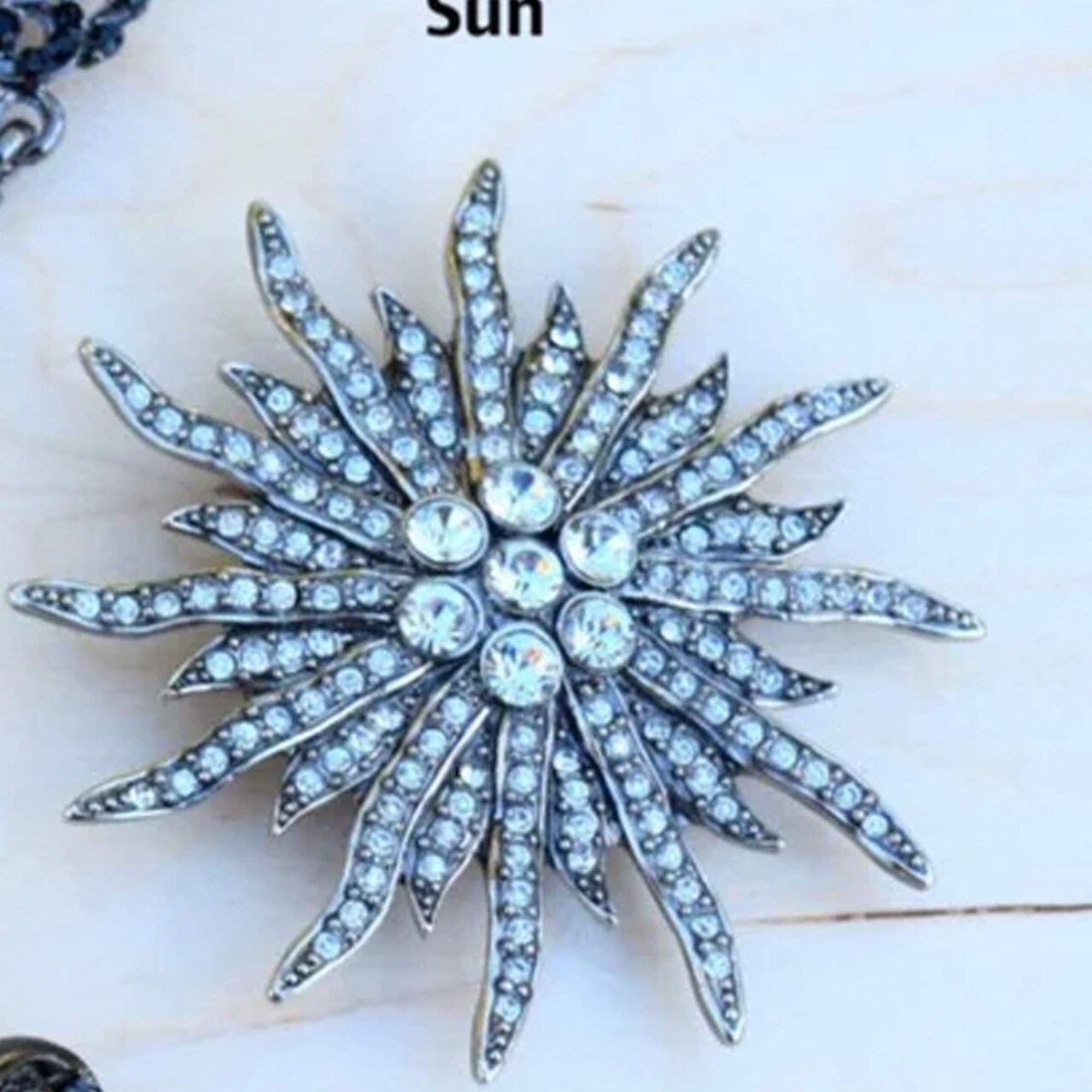 Sun-Shaped Gunmetal Brooch with Charcoal Rhinestones for Vintage Costume Accessories